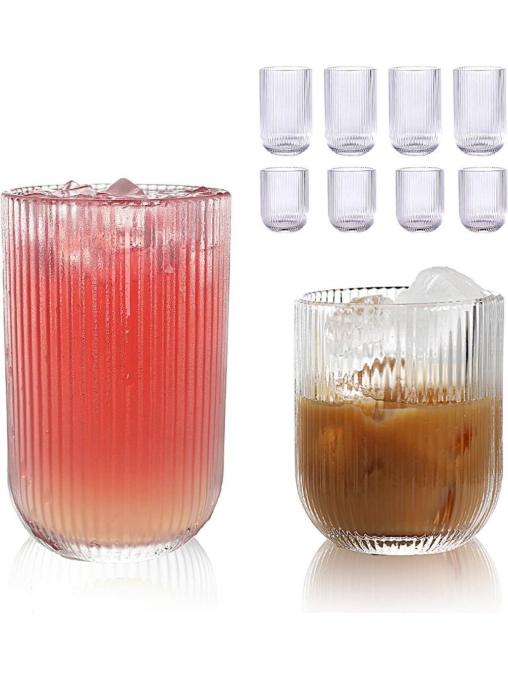 Set of 8 Ribbed Glasses - 4 Highball & 4 Rocks - Clear Fluted Drinkware for